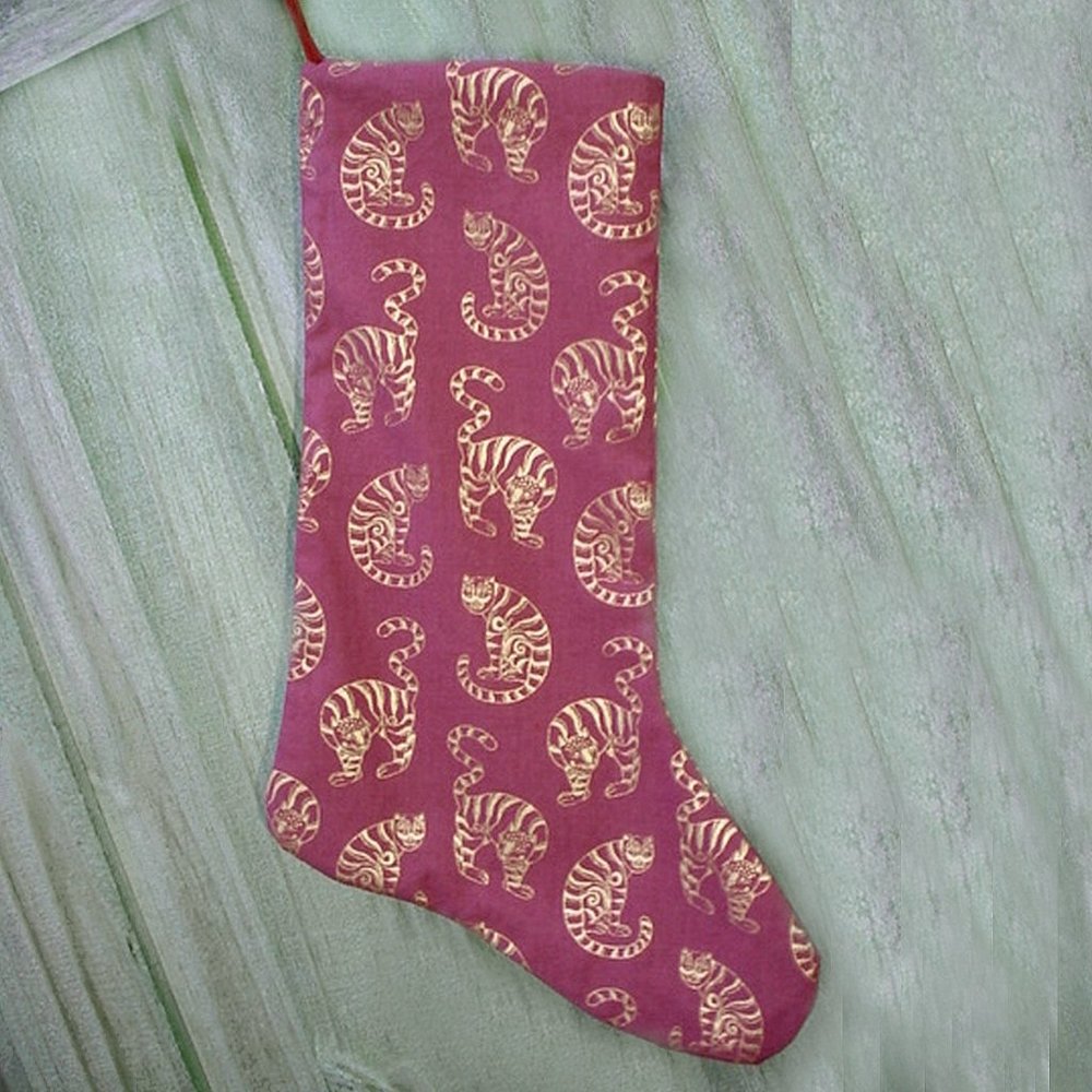 GOLDEN CATS CHRISTMAS STOCKING 100% COTTON HANDMADE LINED MAROON & GOLD